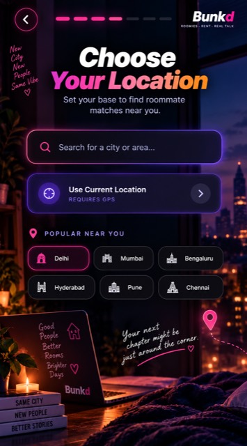 Choosing a city and locality in the Bunkd app