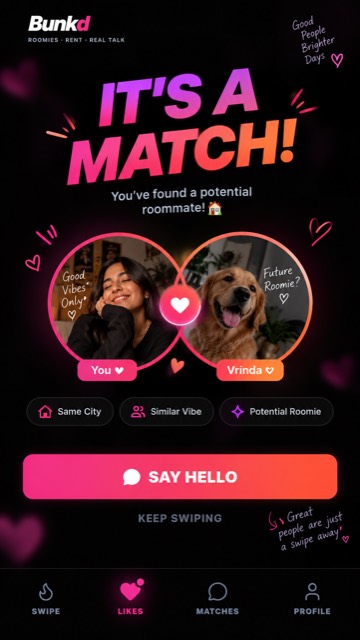 Bunkd match screen showing a mutual roommate match