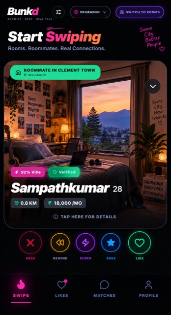 Bunkd swipe screen showing a verified roommate listing in Prem Nagar, Dehradun